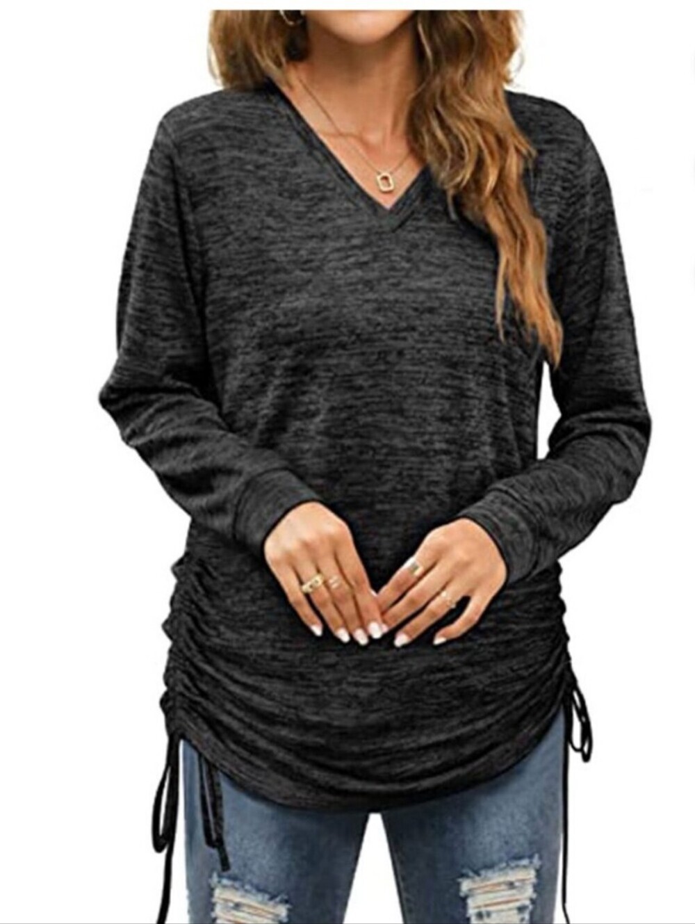 V-Neck Long Sleeve Side Ruched Drawstring Top - Black